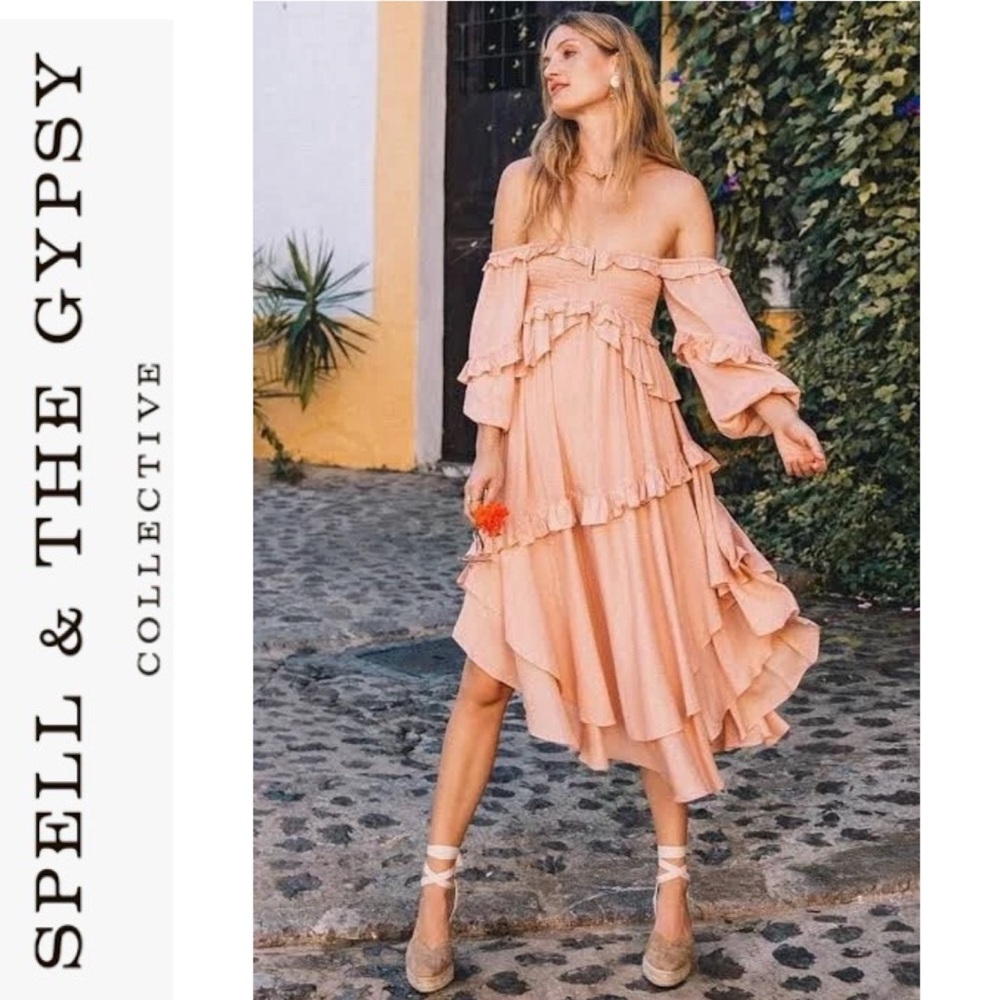 NWT Spell x Free People Clementine Mermaid Maxi Dress Pink w/Gold Shimmer Stripe